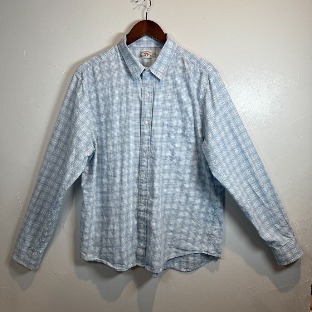 Faherty Long Sleeve Button Up Shirt Blue Plaid Men's Size XL Cotton Classic Work